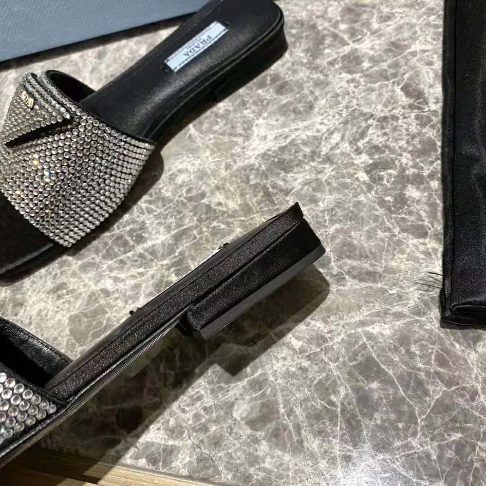Prada Satin Slides with Crystals for Women in Black Prada Satin Slides with Crystals for Women in Black