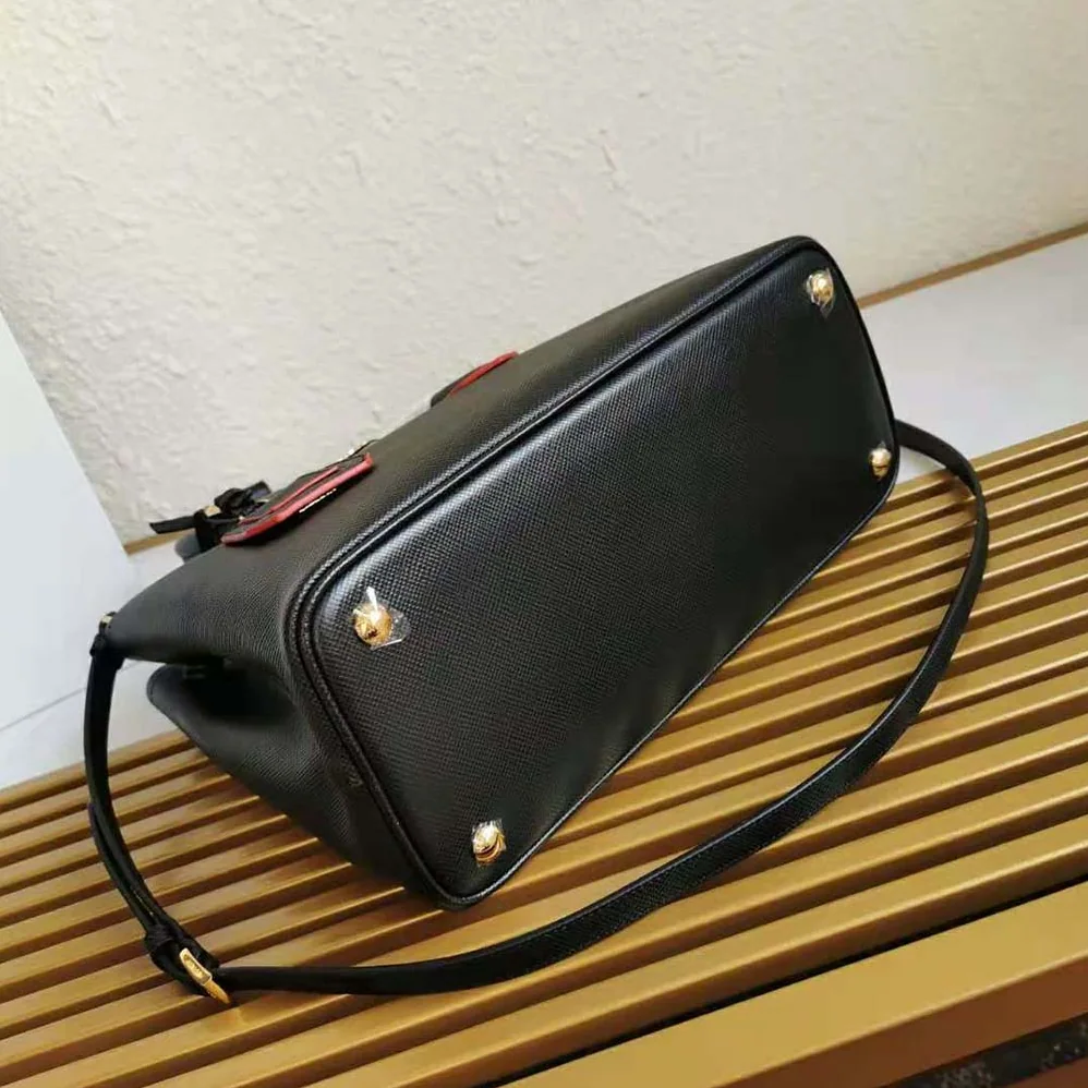 Prada Small Saffiano Leather Double Prada Bag for Women in Black Prada Small Saffiano Leather Double Prada Bag for Women in Black