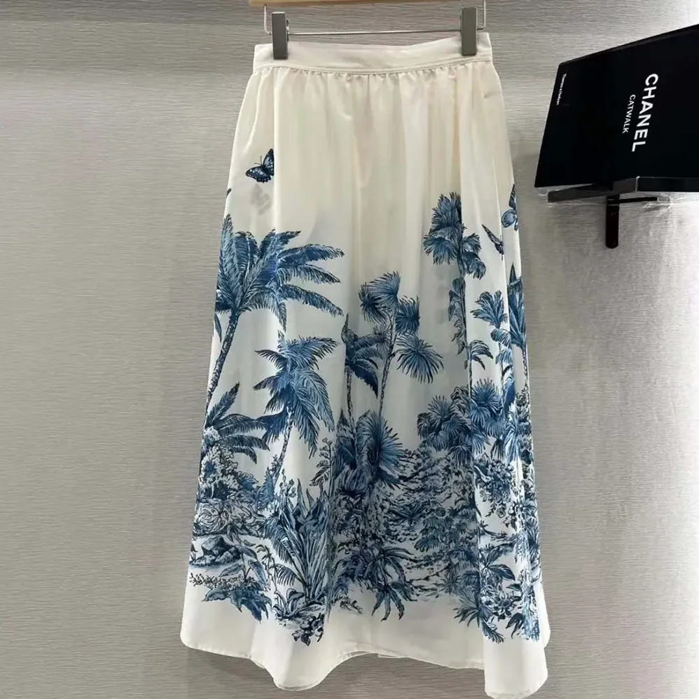 Dior Dioriviera Mid-Length Flared Skirt White and Blue Toile de Jouy for Women