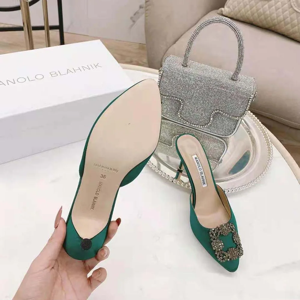 Manolo Blahnik Green Satin Jewel Buckle Mules for Women Manolo Blahnik Green Satin Jewel Buckle Mules for Women