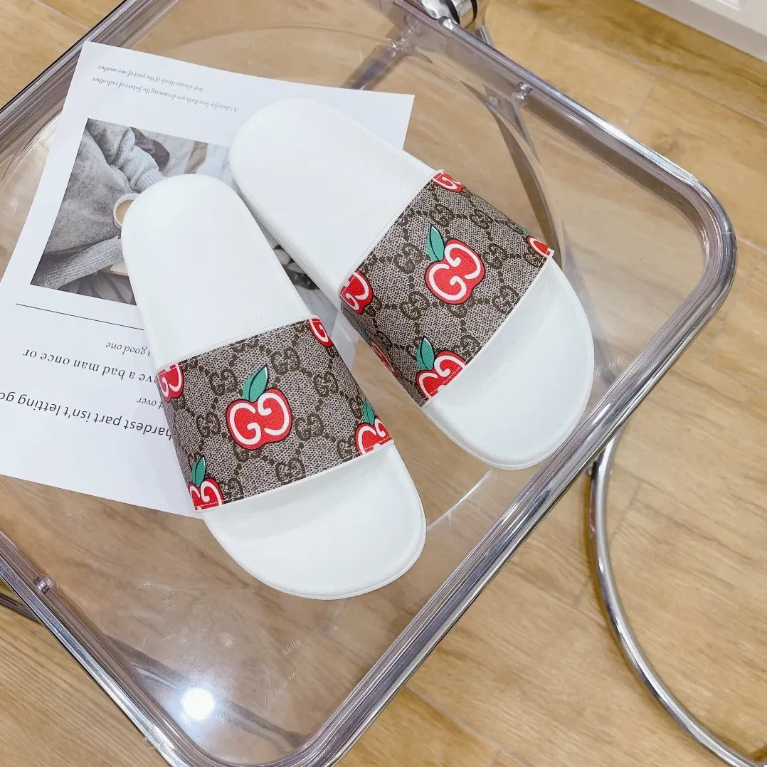 Gucci GG Slide Sandal With GG Apple White And Brown for Women Gucci GG Slide Sandal With GG Apple White And Brown for Women