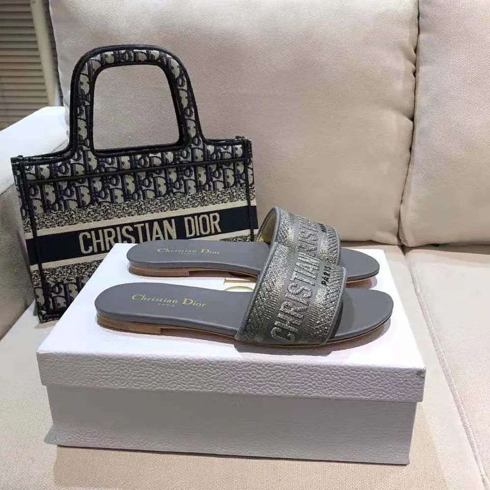 Dior Dway Slide Silver for Women in Tone Embroidered Metallic Fabric Dior Dway Slide Silver for Women in Tone Embroidered Metallic Fabric