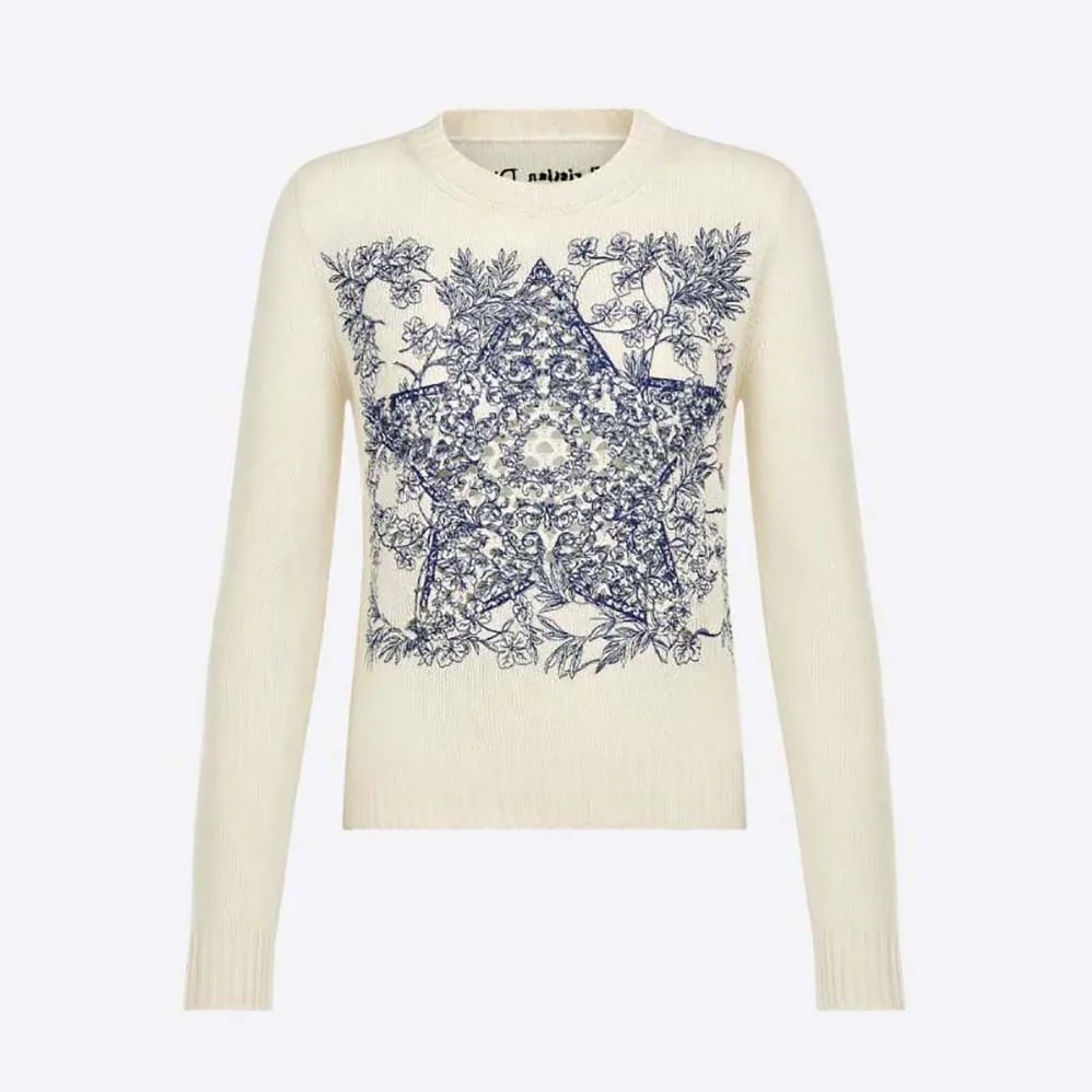 Dior Sweater Ecru Cashmere Knit with Blue Dior Sevilla Star Motif for Women