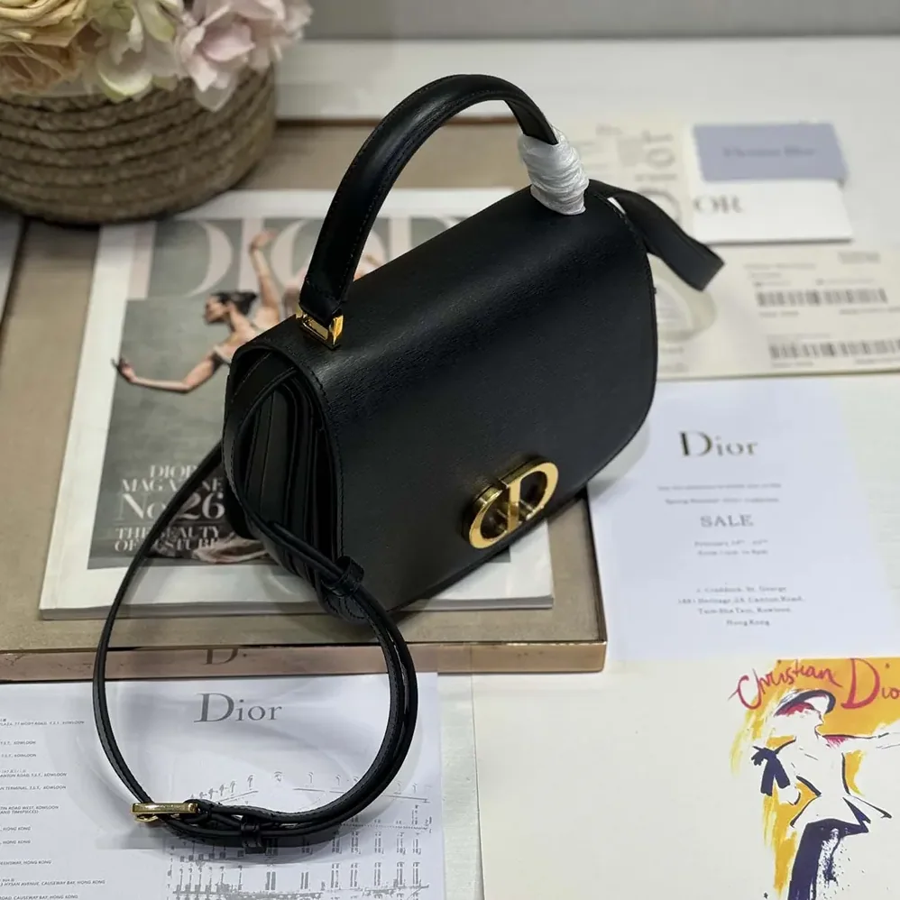 Dior Medium 30 Montaigne Avenue Top Handle Bag Black Ribbed Calfskin for Women