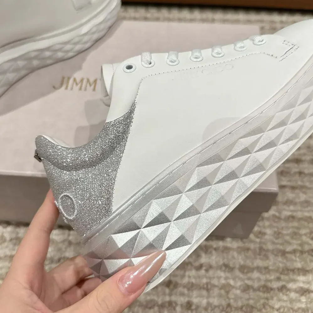 Jimmy Choo Diamond Maxi/F II White & Silver Nappa Leather Glitter Trainers for Women Jimmy Choo Diamond Maxi/F II White & Silver Nappa Leather Glitter Trainers for Women