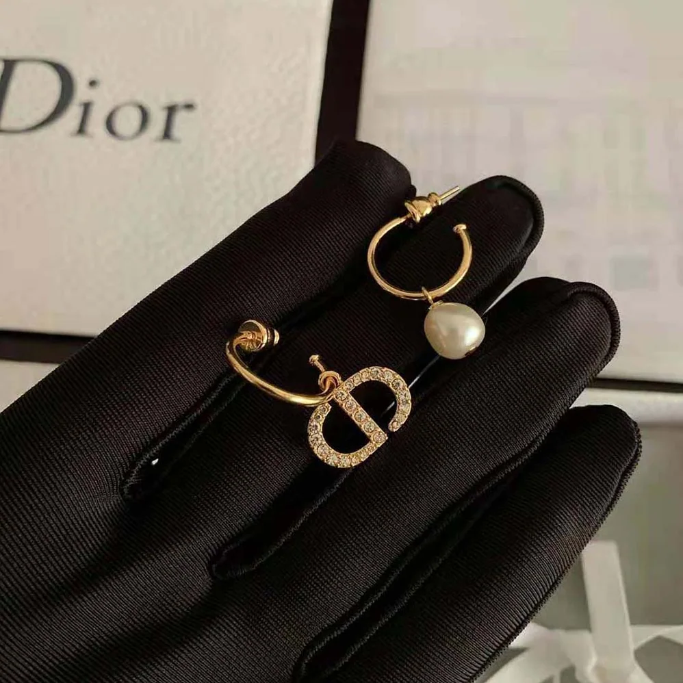 Dior Petit CD Earrings White Crystals with a White Resin Pearl for Women Dior Petit CD Earrings White Crystals with a White Resin Pearl for Women