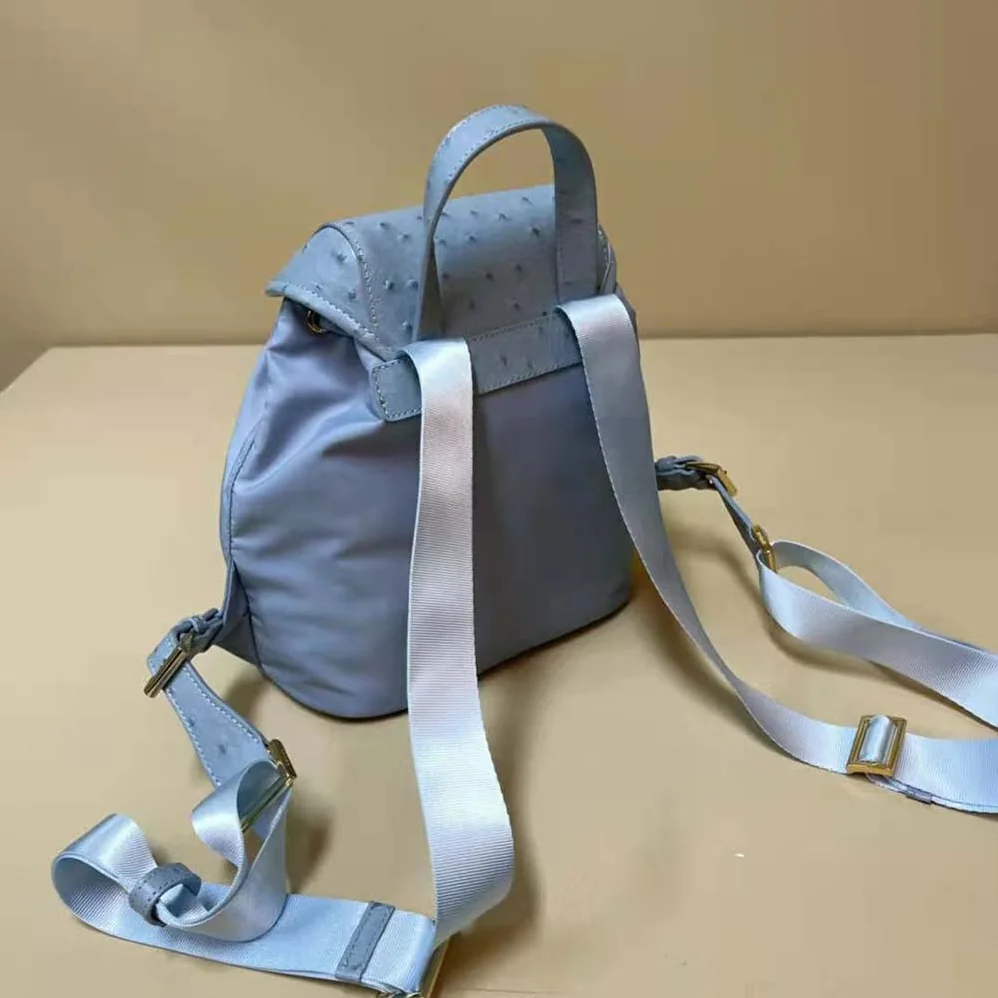 Prada Re-Nylon and Ostrich Leather Backpack for Women in Blue Prada Re-Nylon and Ostrich Leather Backpack for Women in Blue