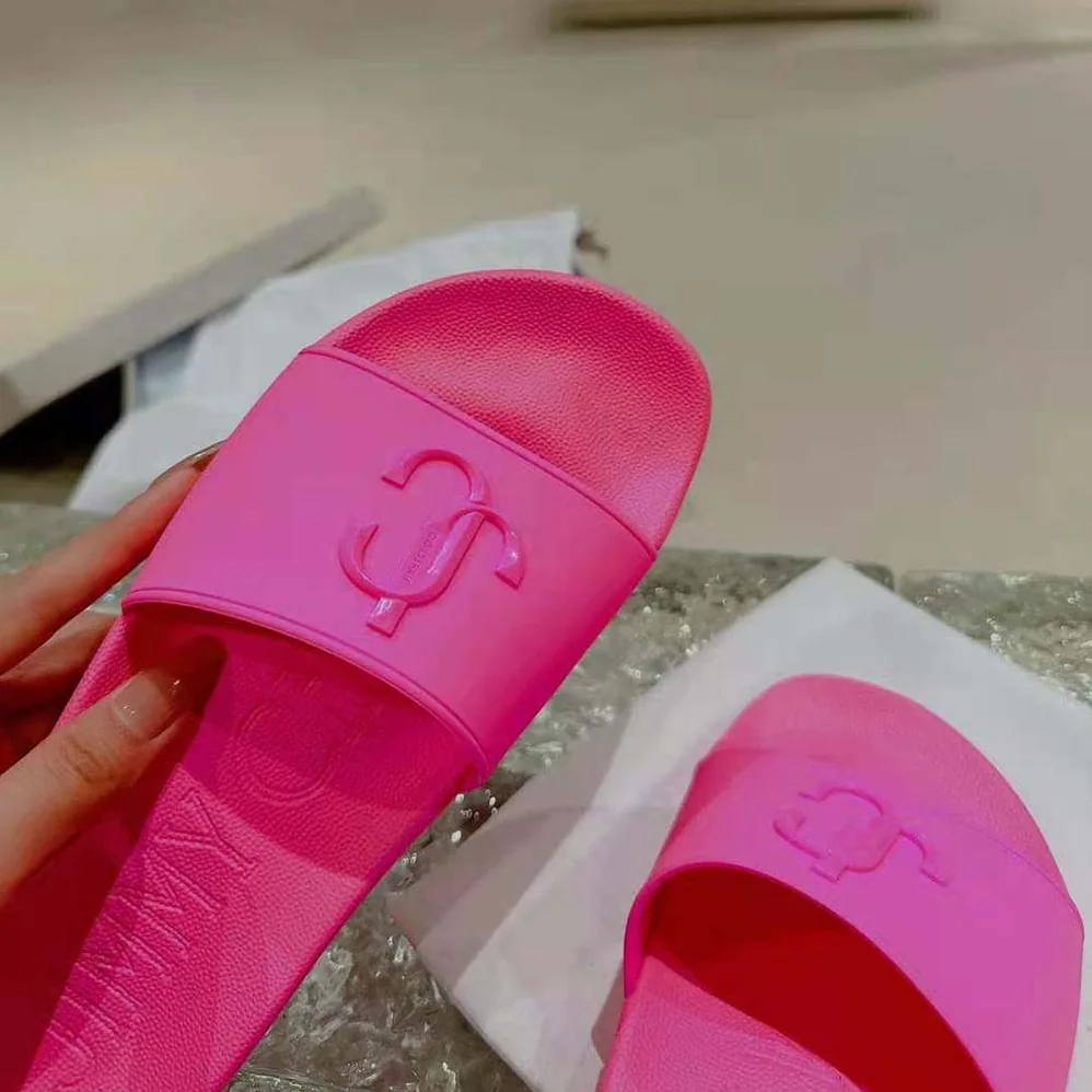 Jimmy Choo Port/F Neon Pink Rubber Slides with JC Monogram for Women Jimmy Choo Port/F Neon Pink Rubber Slides with JC Monogram for Women