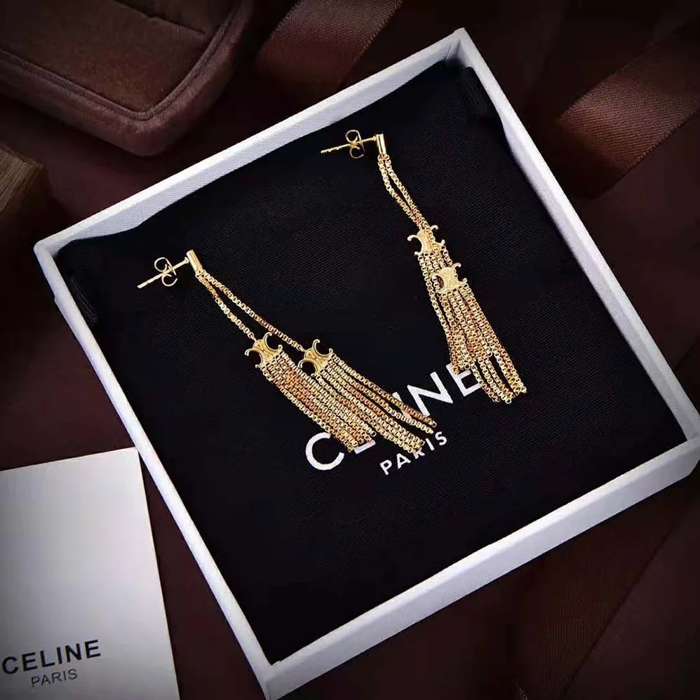 Celine Triomphe Folk Pompon Earrings in Brass with Gold Finish for Women