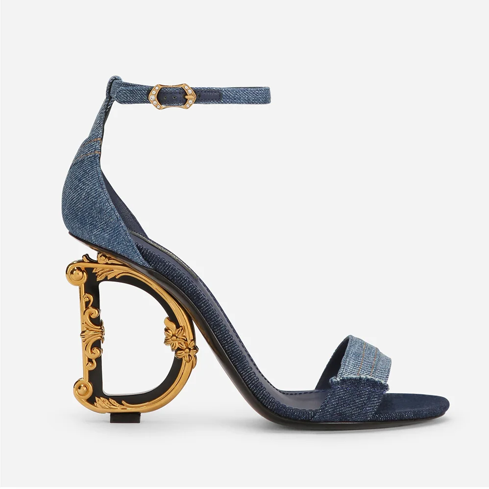 Dolce Gabbana D&G Patchwork Denim Sandals with Baroque DG Heel for Women Dolce Gabbana D&G Patchwork Denim Sandals with Baroque DG Heel for Women