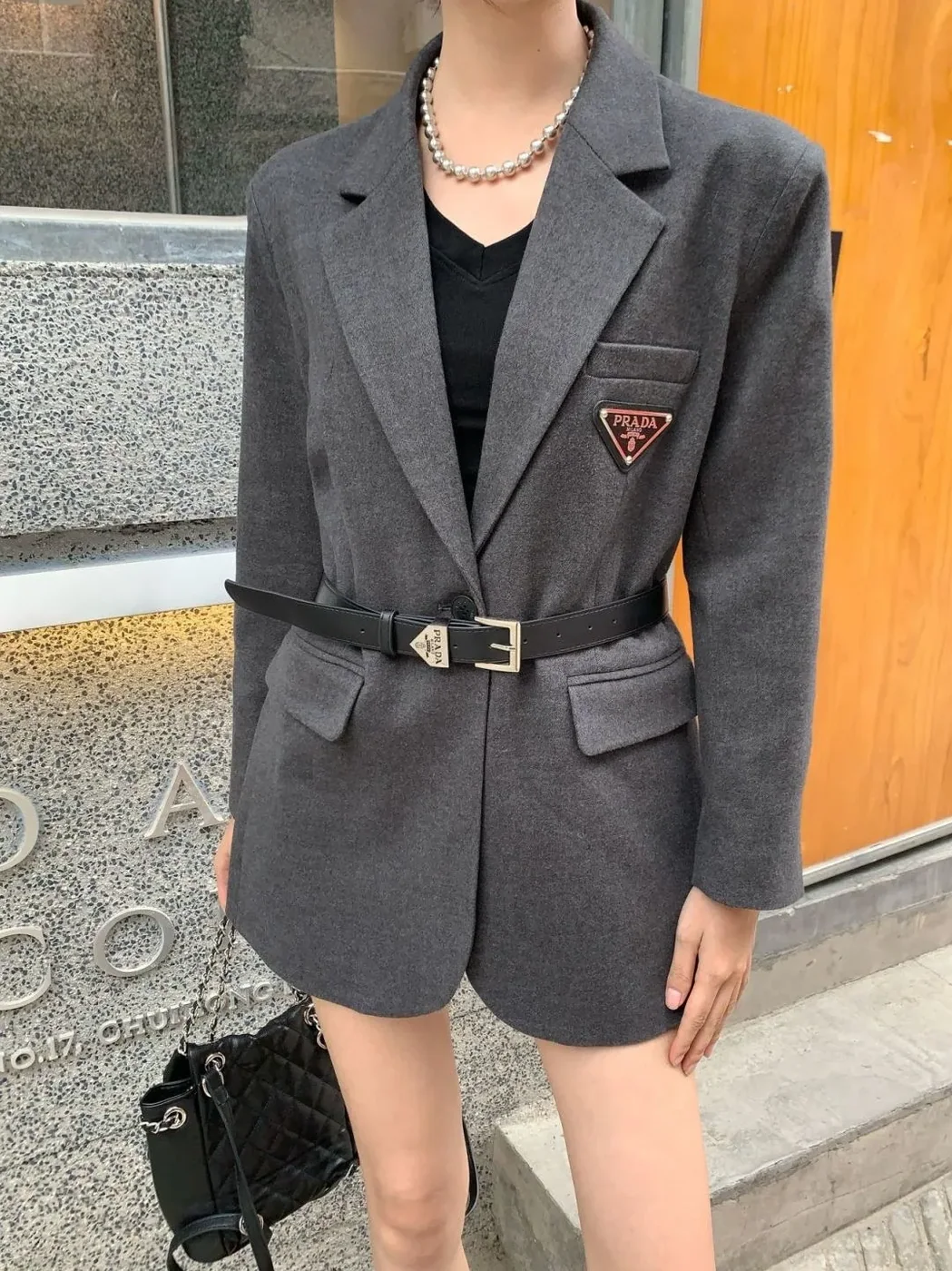 Prada Belted Tailored Blazer With Triangle Logo Grey