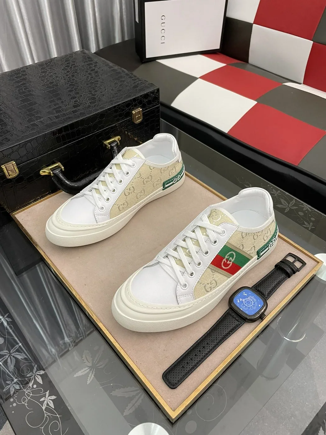 Gucci GG Embroidery Sneaker With Web White And Beige for Men