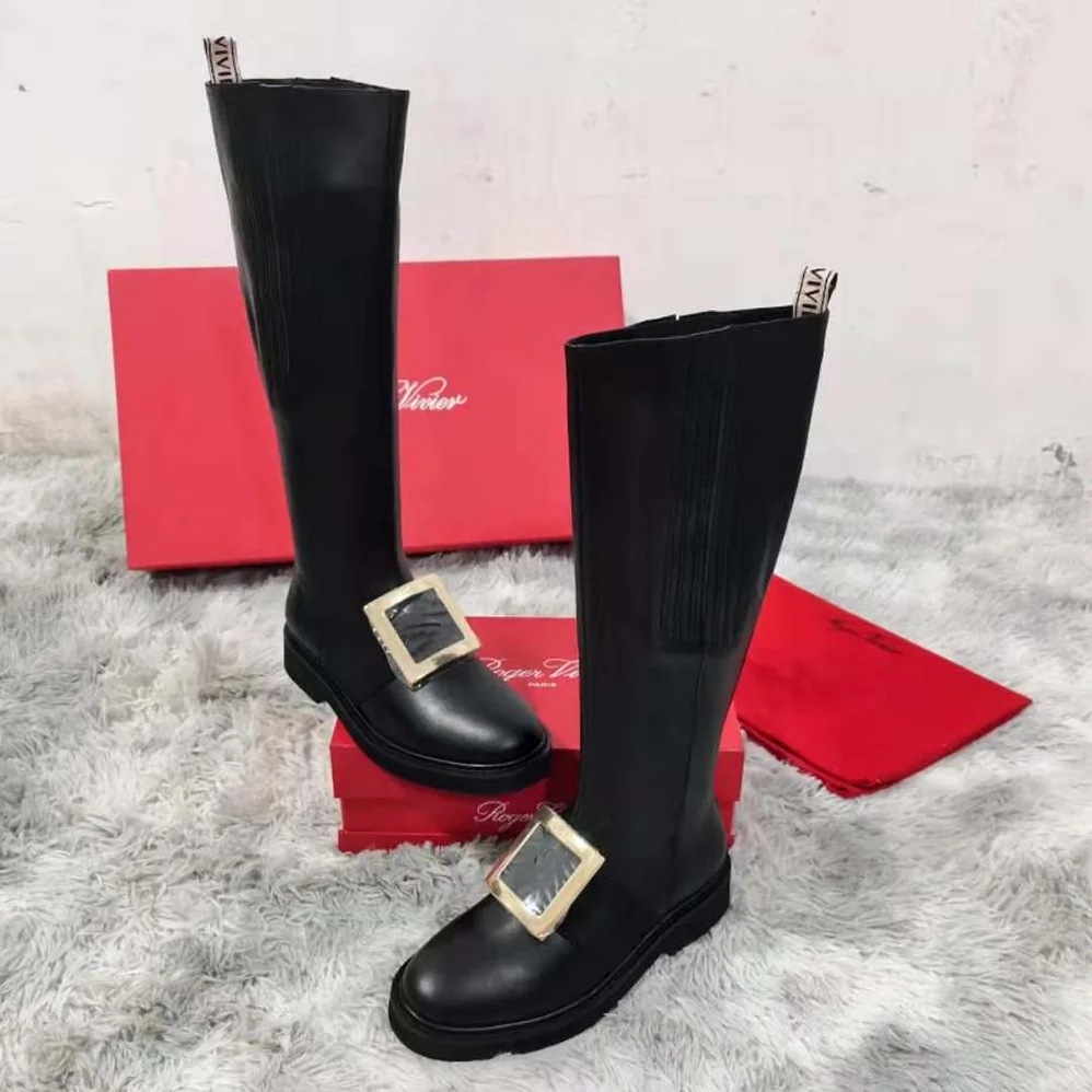 Roger Vivier Rangers Metal Buckle Boots in Leather for Women in Black