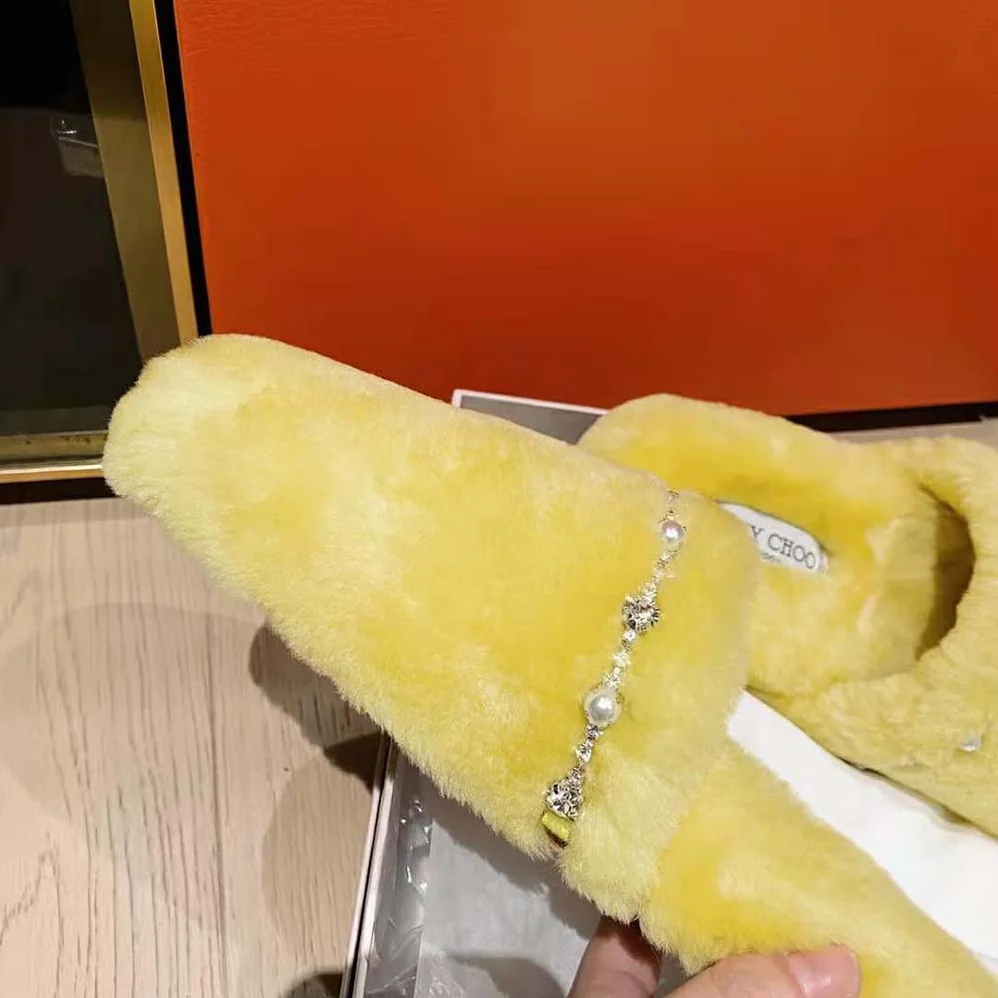 Jimmy Choo Aliette Flat Mimosa Shearling Slippers for Women in Yellow Jimmy Choo Aliette Flat Mimosa Shearling Slippers for Women in Yellow