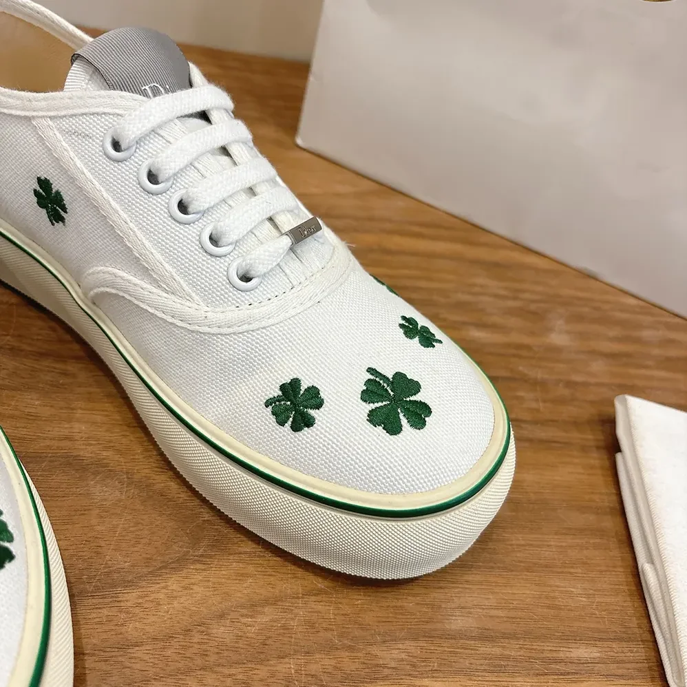 Dior Saltwind Sneaker White Cotton Embroidered with Bright Green Dior Clover Motif for Unisex