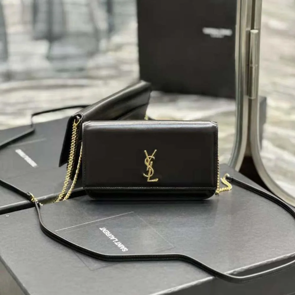 Saint Laurent YSL Cassandre Phone Holder with Strap in Smooth Leather for Women in Black Saint Laurent YSL Cassandre Phone Holder with Strap in Smooth Leather for Women in Black