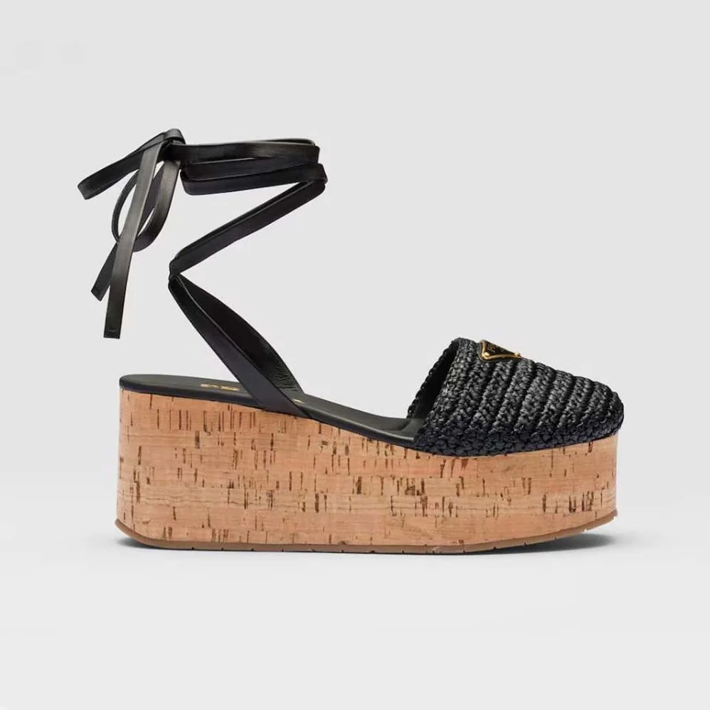 Prada Crochet Wedge Sandals with Enameled Metal Triangle Logo for Women in Black