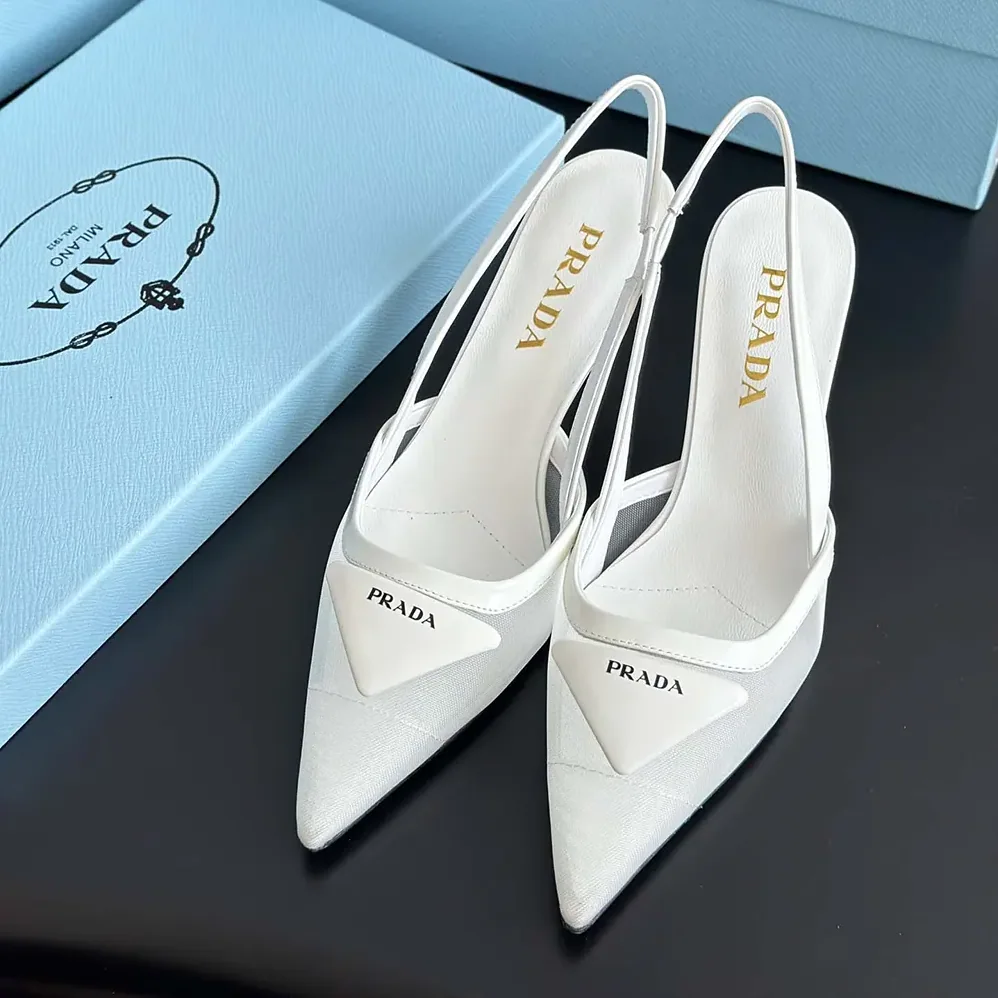 Prada Mesh Fabric Slingback Pumps for Women in White Prada Mesh Fabric Slingback Pumps for Women in White