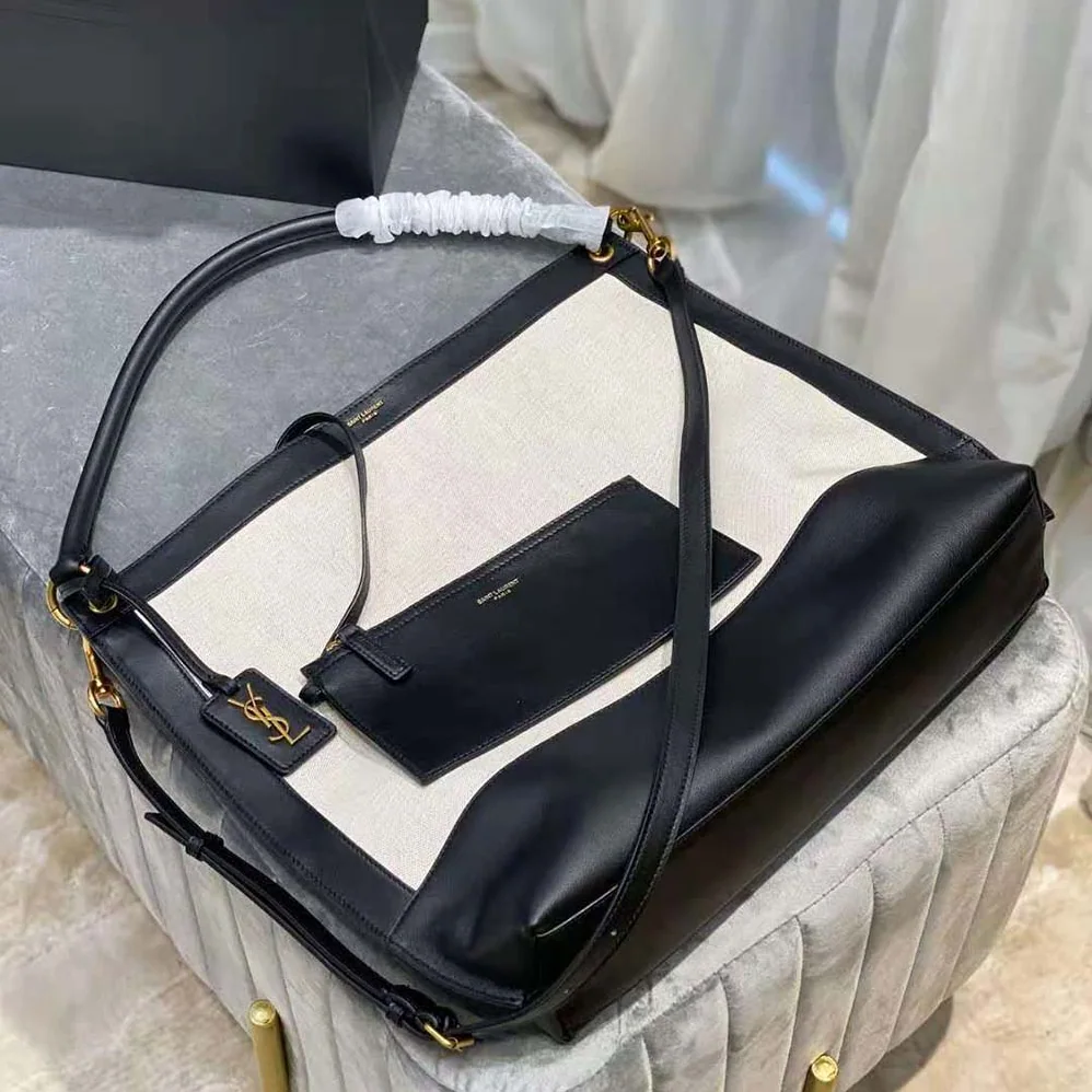 Saint Laurent YSL Tag Hobo Bag in Canvas and Leather for Women Saint Laurent YSL Tag Hobo Bag in Canvas and Leather for Women