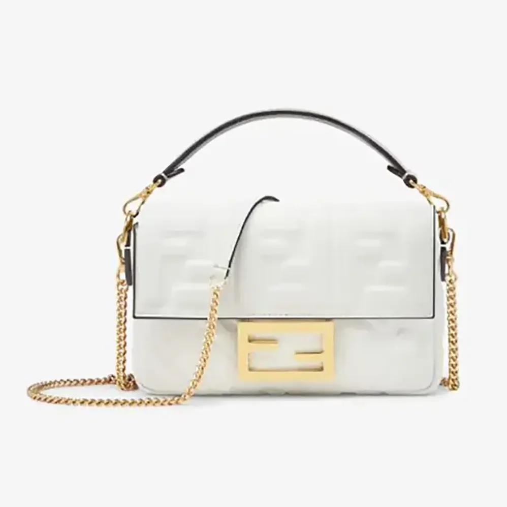 Fendi Baguette Mini White Nappa Leather Bag with FF Motif for Women Fendi Baguette Mini White Nappa Leather Bag with FF Motif for Women