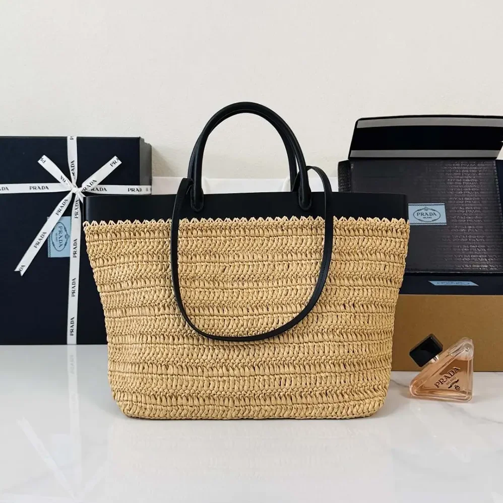 Prada Medium Crochet and Leather Tote Bag for Women in Black