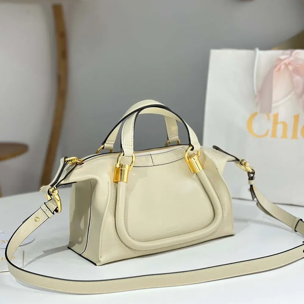 Chloe Small Paraty 24 Bag in Shiny Leather for Women in Beige
