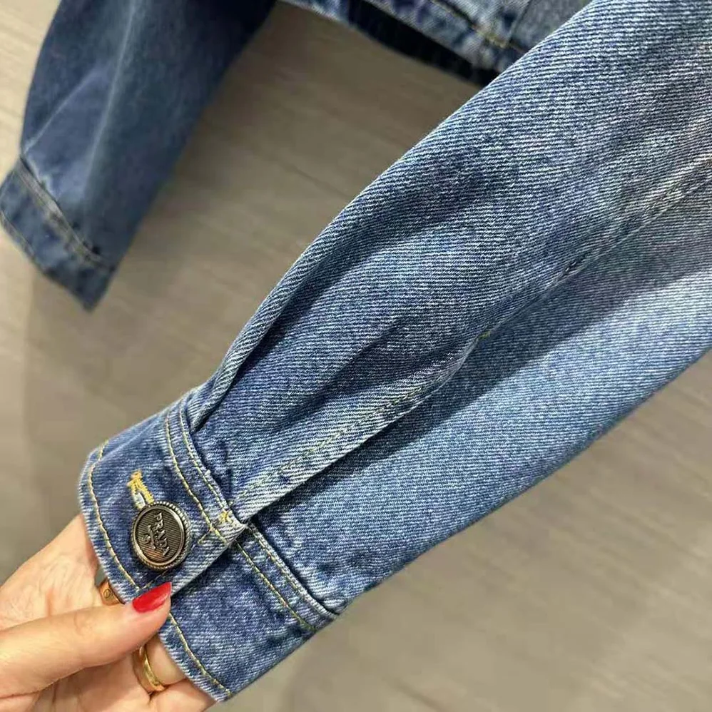 Prada Denim Blouson Jacket with Enameled Metal Triangle Logo for Women