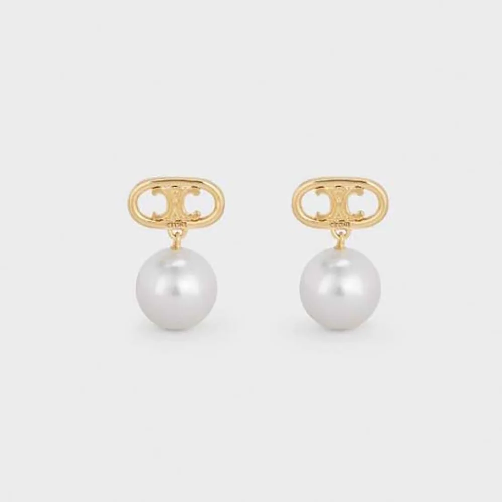 Celine Triomphe Pearl Earrings in Brass with Gold Finish and Glass Pearls for Women
