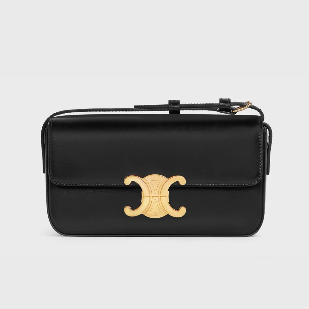 Celine Triomphe Shoulder Bag in Shiny Calfskin for Women in Black