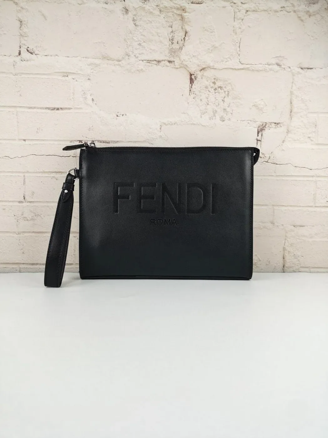 Fendi Flat Pouch Black Fabric Pouch Grey Stripes / FF Fendi Flat Pouch Black Fabric Pouch Grey Stripes / FF