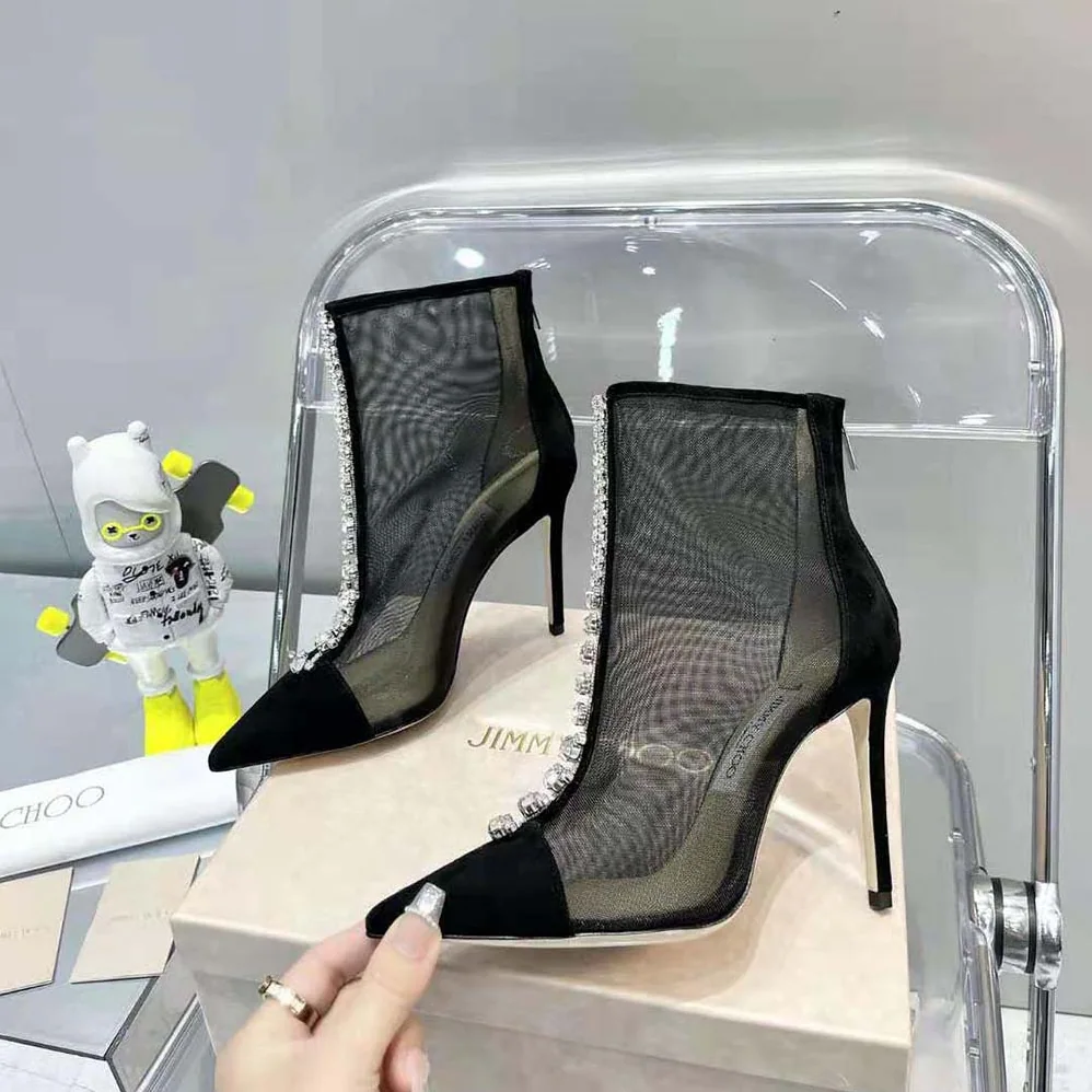 Jimmy Choo Bing Boot 100 Black Suede and Mesh Ankle Boots with Crystal Embellishment for Women