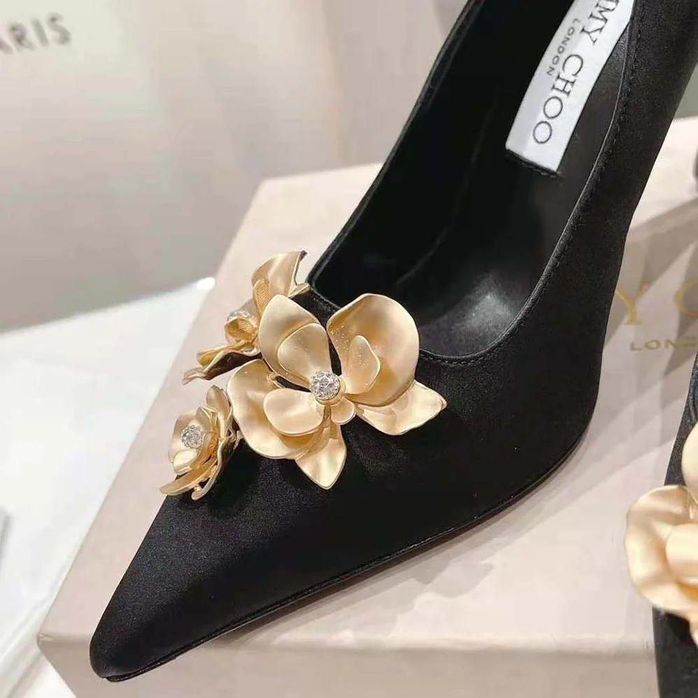 Jimmy Choo Ixia 95 Black Satin Pumps with Flowers-IXIA95BGU for Women