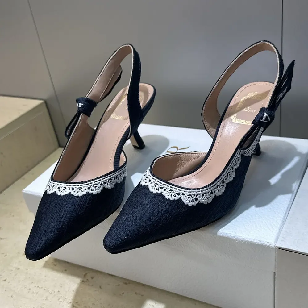 Dior J'Adior Slingback Pump Blue Dior Oblique Embroidered Cotton and White Lace for Women Dior J'Adior Slingback Pump Blue Dior Oblique Embroidered Cotton and White Lace for Women