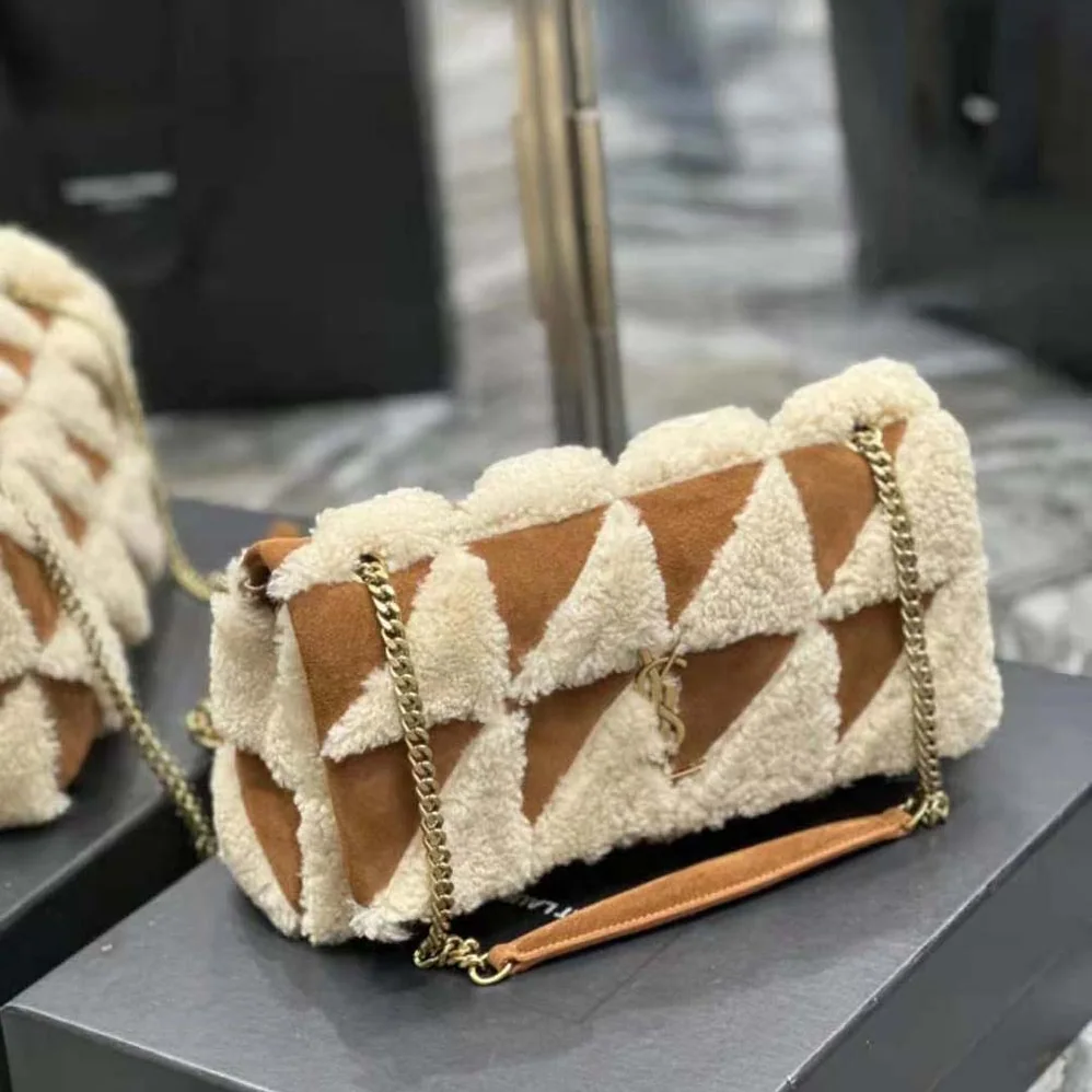 Saint Laurent YSL Jamie Medium Chain Bag “Carré Rive Gauche” in Suede and Shearling Patchwork for Women