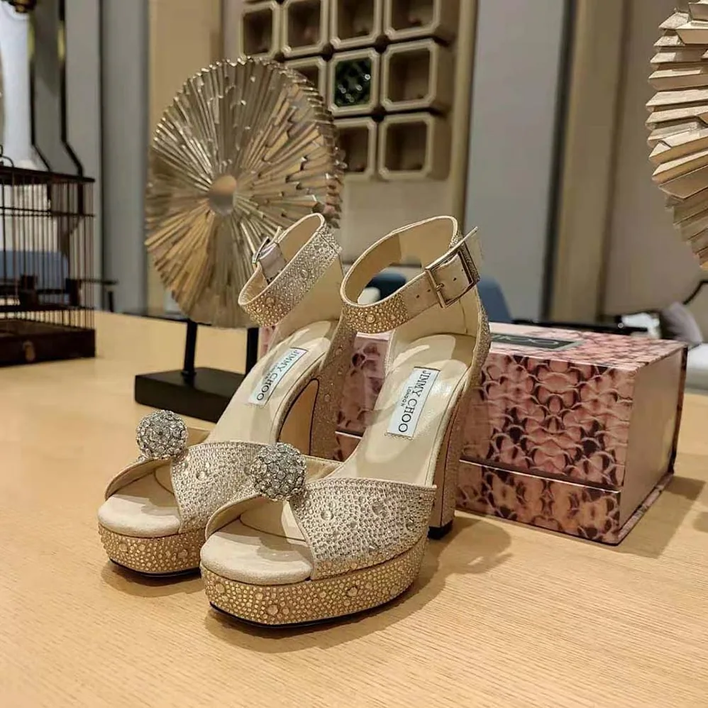 Jimmy Choo Socorie 120 Honey Gold Suede Platform Sandals with Crystals for Women