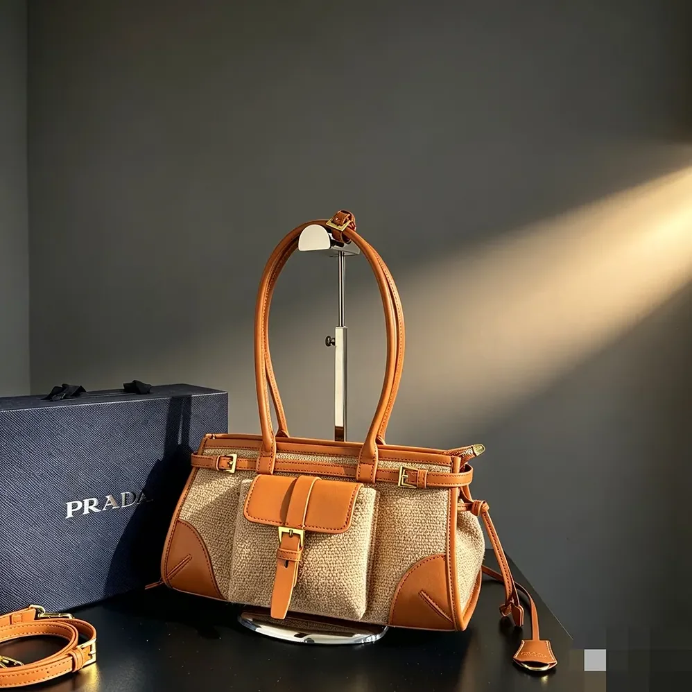 Prada Bonnie Medium Linen and Leather Handbag for Women Prada Bonnie Medium Linen and Leather Handbag for Women