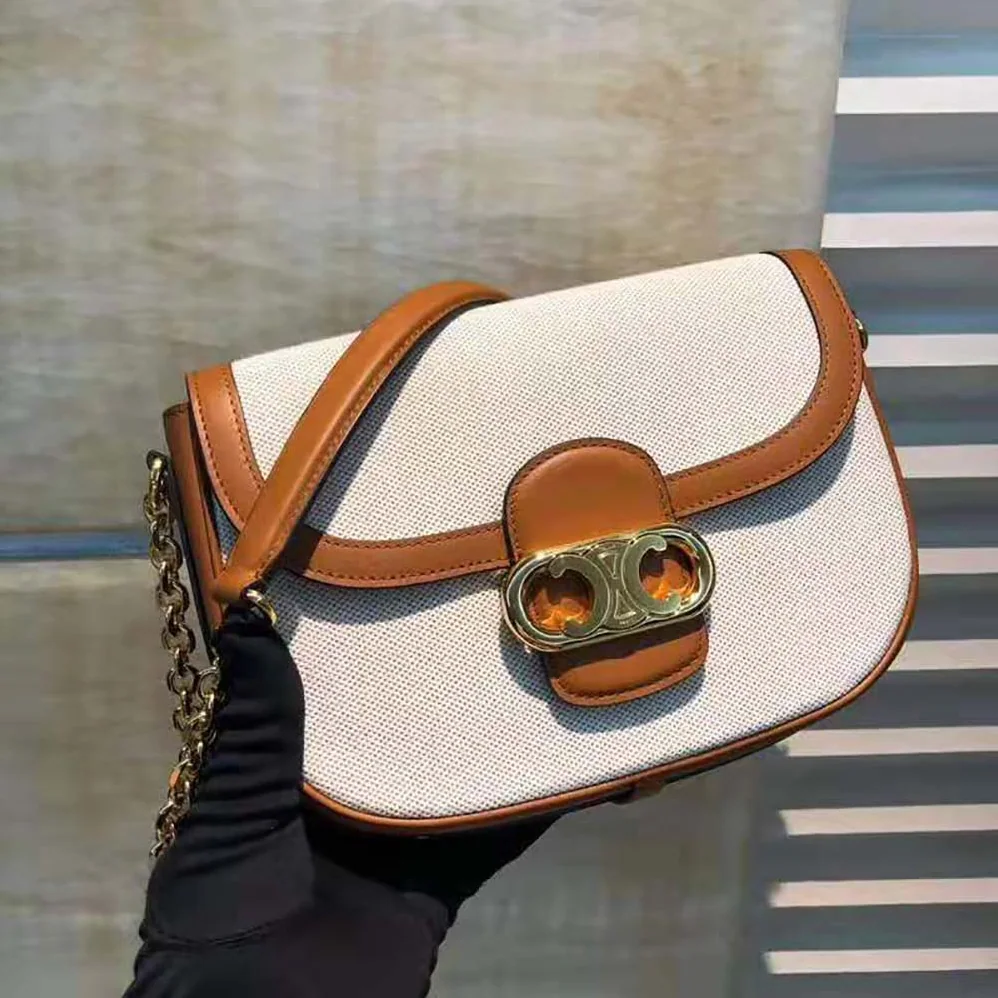 Celine Medium Chain Maillon Triomphe Bag in Textile and Calfskin for Women Celine Medium Chain Maillon Triomphe Bag in Textile and Calfskin for Women