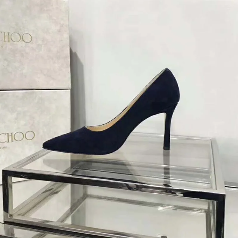 Jimmy Choo Shoes Romy 85 Opal Suede Pointy Toe Pumps for Women in Navy