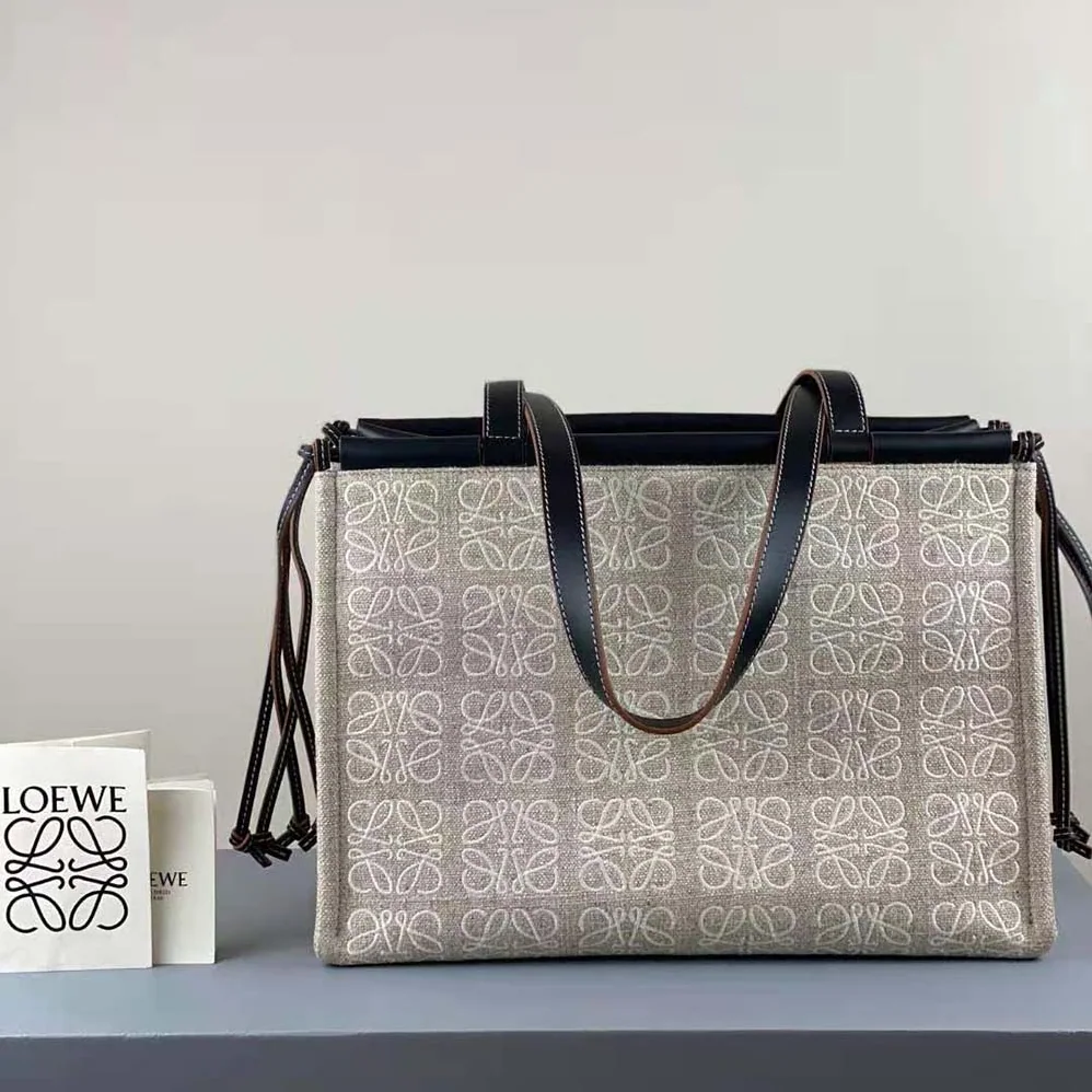 Loewe Cushion Tote Bag in Anagram Linen and Calfskin for Women