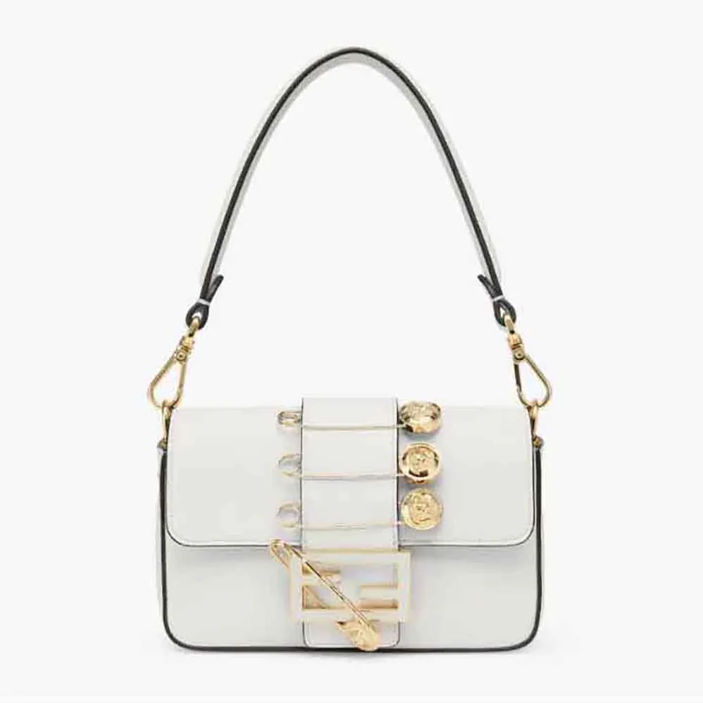 Fendi Brooch Mini Baguette Fendace White Leather Bag for Women Fendi Brooch Mini Baguette Fendace White Leather Bag for Women