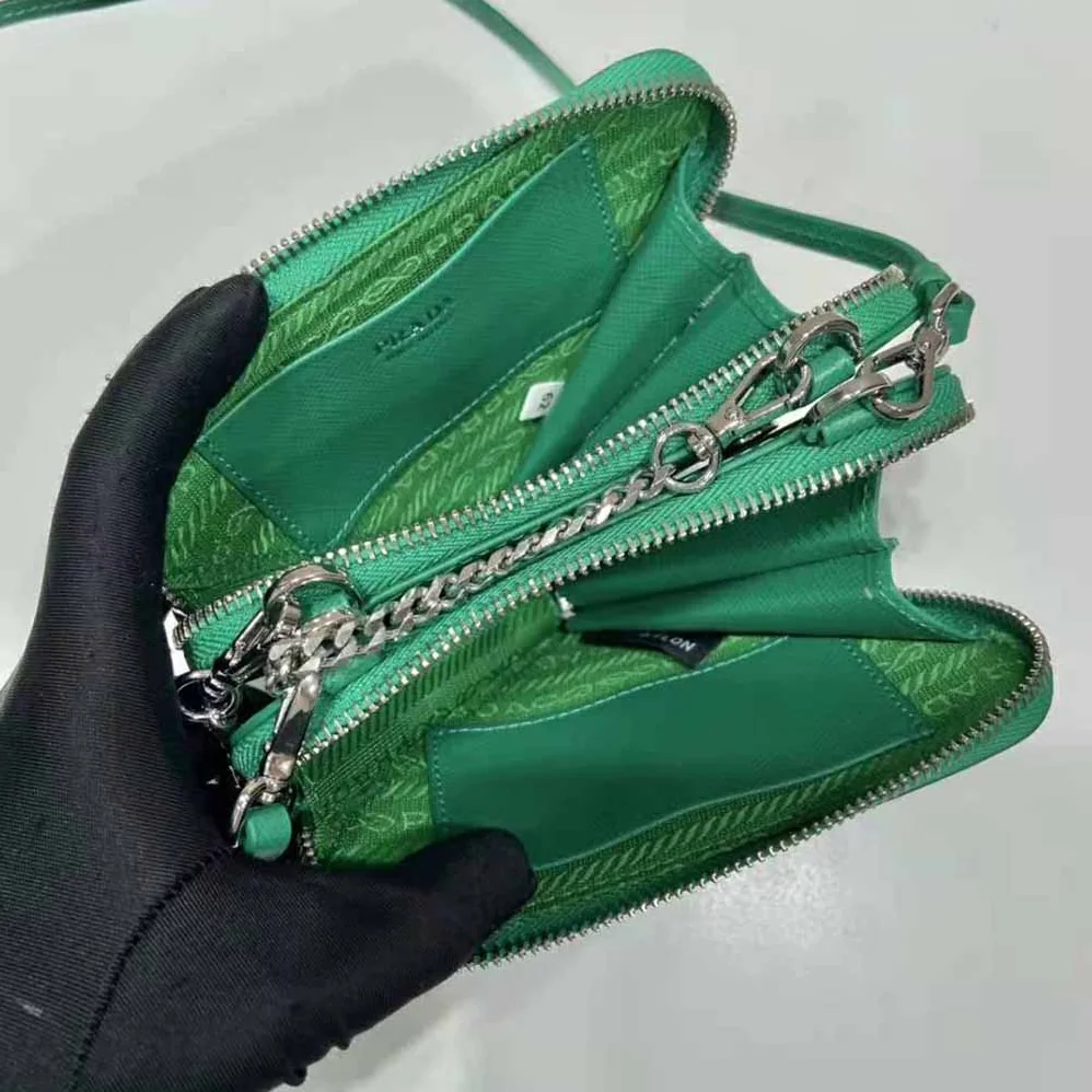 Prada Saffiano Leather Mini Pouch for Women in Green Prada Saffiano Leather Mini Pouch for Women in Green