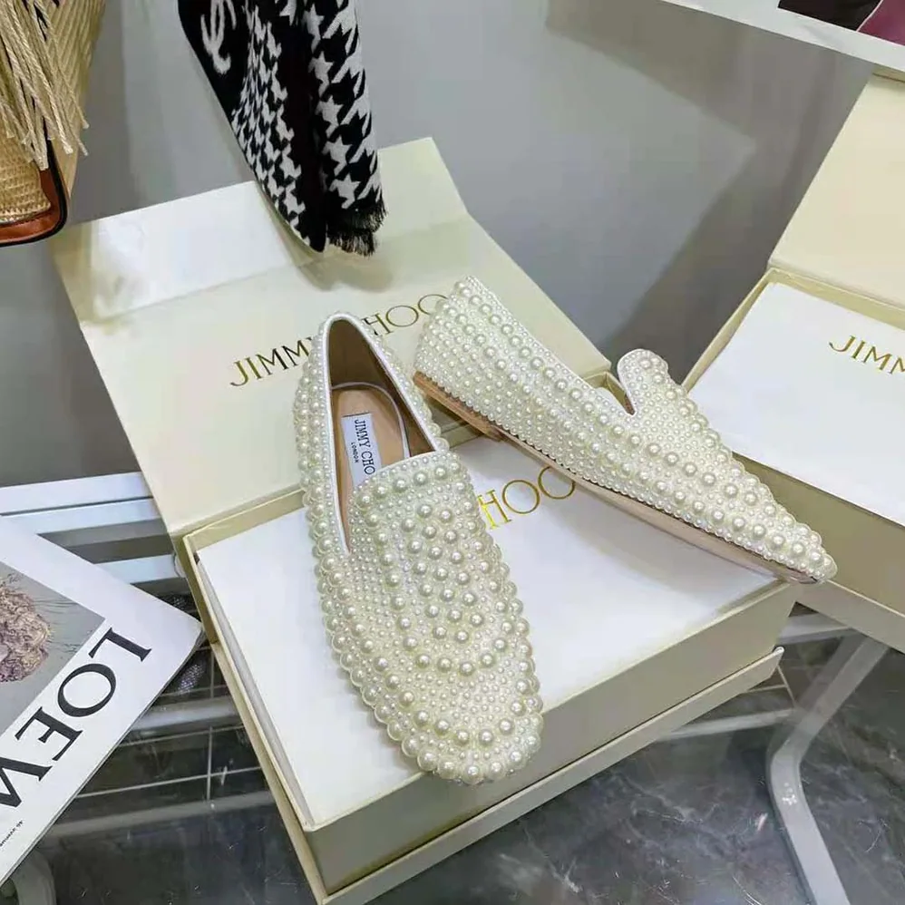 Jimmy Choo Varsha Flat White Satin Flats with All for Women in Over Pearl Embellishment