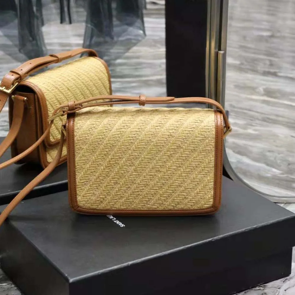 Saint Laurent YSL Solferino Medium Satchel in Raffia and Vegetable for Women in Tanned Leather Saint Laurent YSL Solferino Medium Satchel in Raffia and Vegetable for Women in Tanned Leather