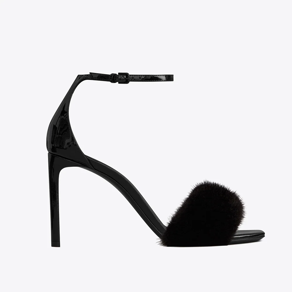 Saint Laurent YSL Bea Sandals in Patent Leather and Mink for Women Saint Laurent YSL Bea Sandals in Patent Leather and Mink for Women