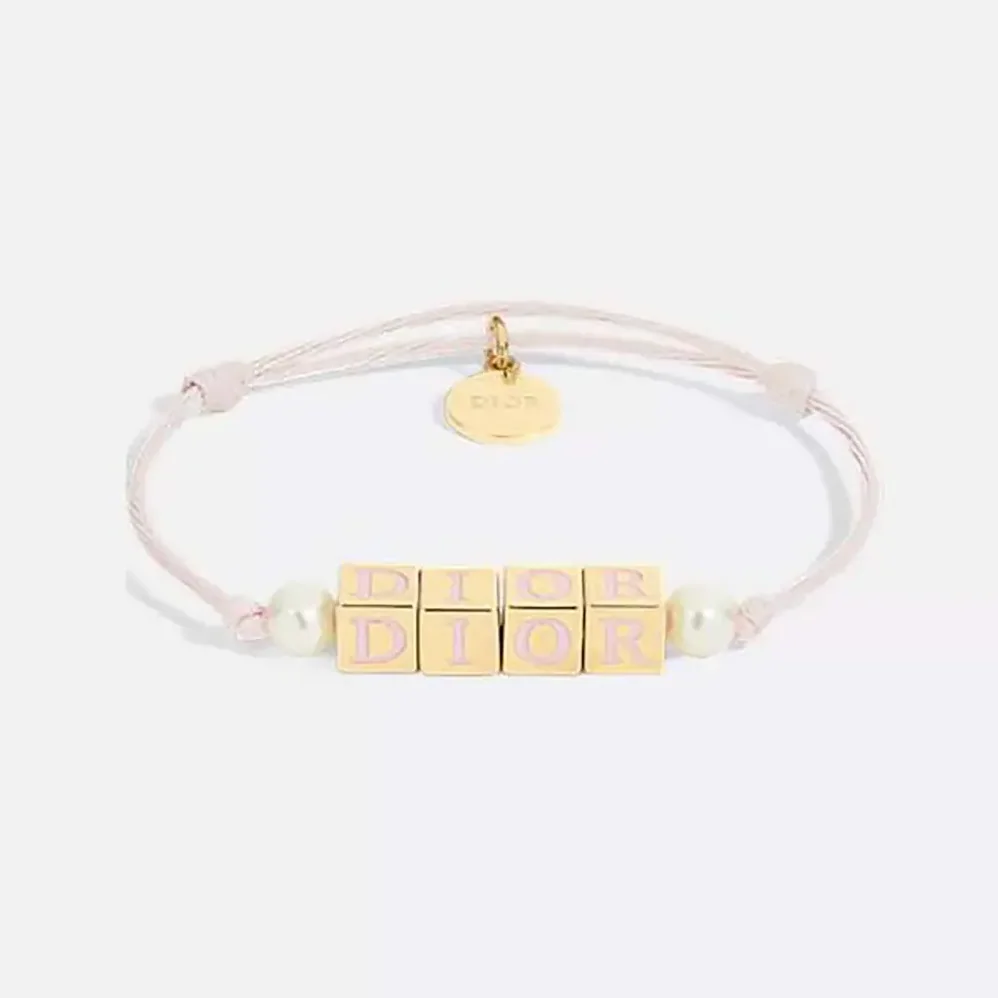 Dior D-Dice Bracelet Pale Pink Cotton and Lacquer with Gold-Finish Metal and White Resin Pearls for Women Dior D-Dice Bracelet Pale Pink Cotton and Lacquer with Gold-Finish Metal and White Resin Pearls for Women