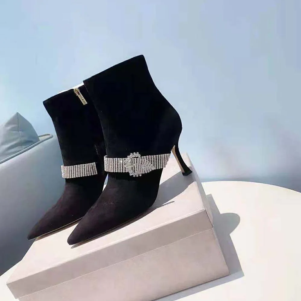 Jimmy Choo Kaza 90 Black Suede Shoe Booties with Crystal for Women in Embellished Strap