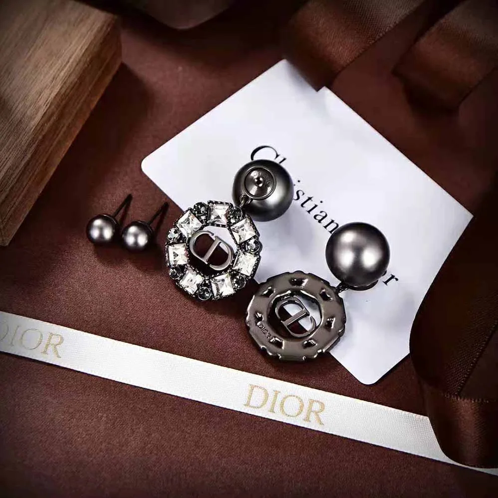 Dior Tribales Earrings Ruthenium-Finish Metal with Gray Resin Pearls and Black Crystals for Women Dior Tribales Earrings Ruthenium-Finish Metal with Gray Resin Pearls and Black Crystals for Women