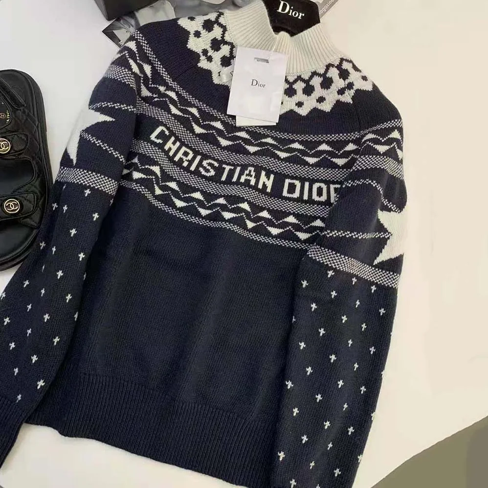 Dior Dioralps Stand Collar Sweater Navy Blue and White Wool and Cashmere Knit for Women Dior Dioralps Stand Collar Sweater Navy Blue and White Wool and Cashmere Knit for Women
