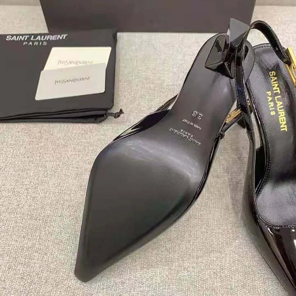 Saint Laurent YSL Lee Slingback Pumps in Glazed Leather for Women in Black Saint Laurent YSL Lee Slingback Pumps in Glazed Leather for Women in Black