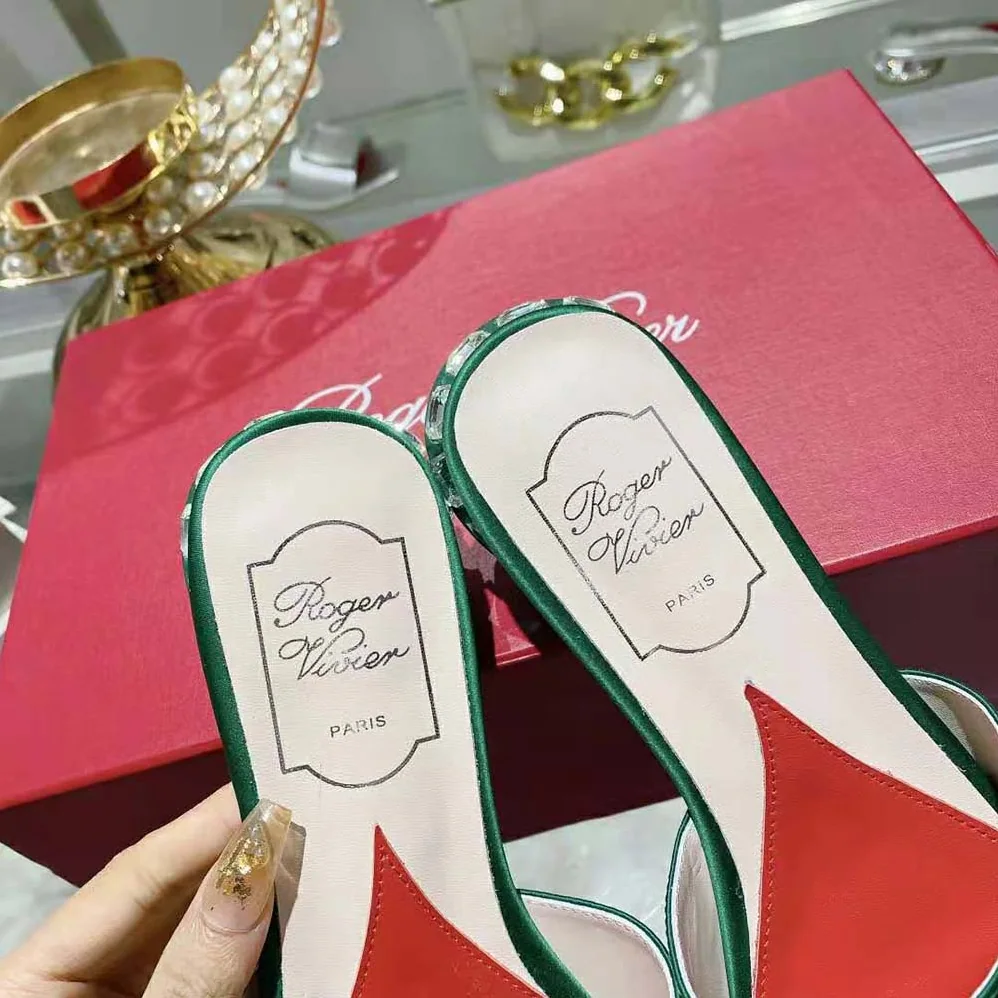 Roger Vivier Strass Heel Covered Buckle Mules in Satin for Women in Green Roger Vivier Strass Heel Covered Buckle Mules in Satin for Women in Green
